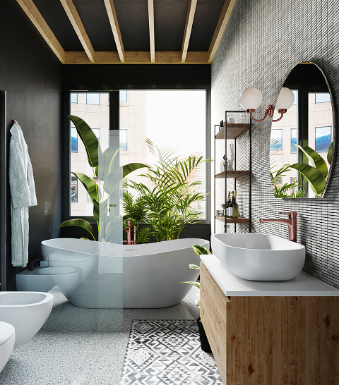 corner-hotel-bathroom-with-grey-tiled-walls-round-mirror-white-bath-large-window-3d-rendering 1